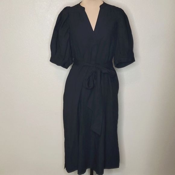 Ann Taylor Medium Black Linen blend Belted Midi Shirtdress Puff Sleeves - Picture 4 of 12